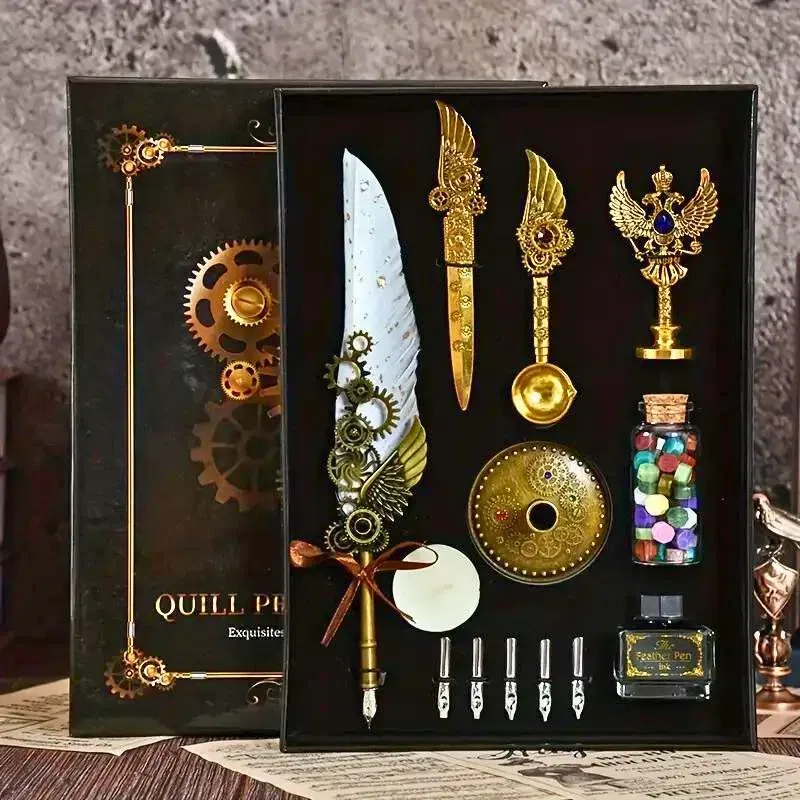 Cele mai noi - Set Elegant de scris cu Pana alba si Accesorii Vintage