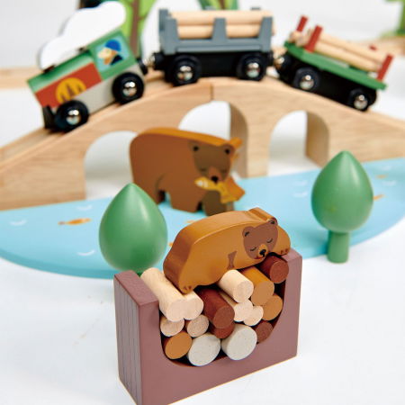 Set jucarii din lemn Circuit Tren lemn prin padure cu brazi [4]