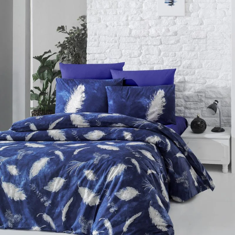 Cele mai noi - Set lenjerie bumbac ranforce Feather - Bleumarin, 200x220 cm, 2 fete de perna, cearsaf