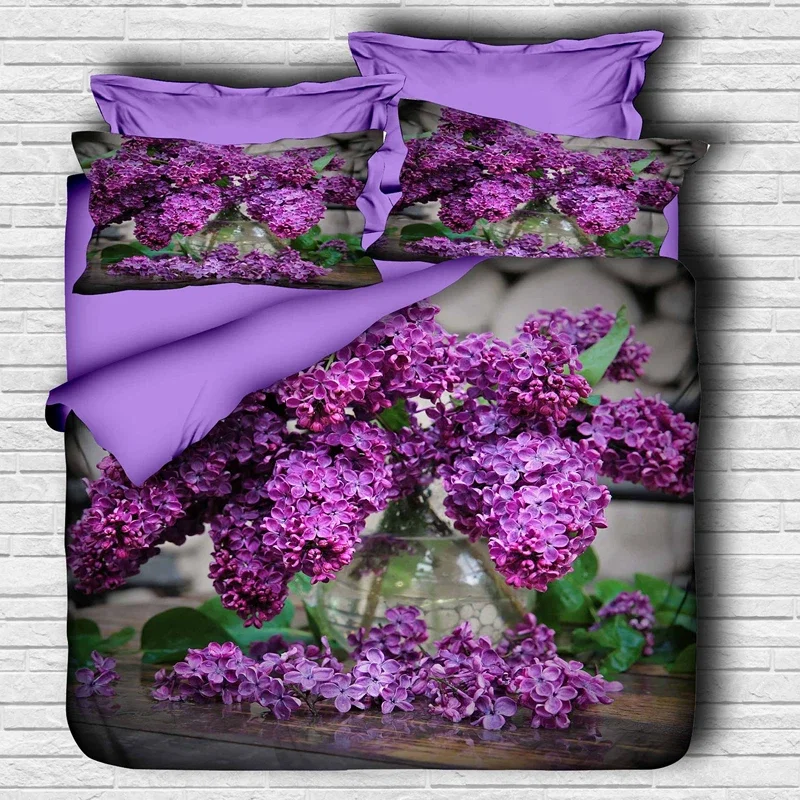 Cele mai noi - Set lenjerie de pat dublu cu 2 huse de perna, 3D, poliester microsatin si bumbac, mov-verde, 200x220 cm