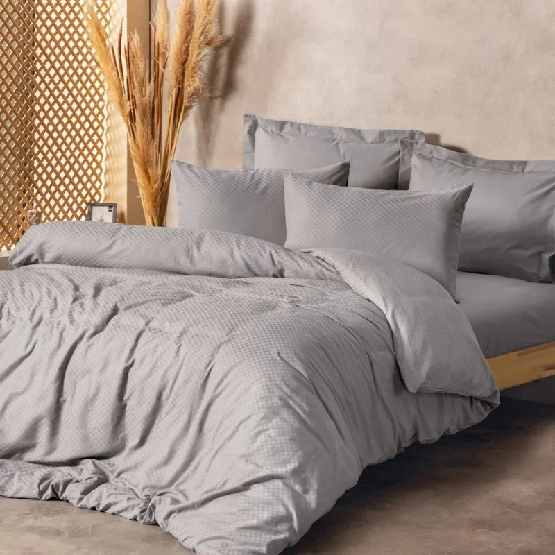 Cele mai noi - Set lenjerie pat dublu Plaid - Gri, bumbac, 200x220 cm