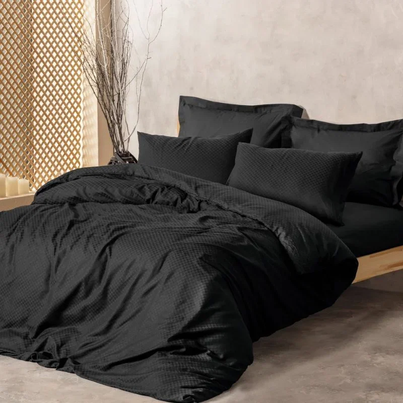 Cele mai noi - Set lenjerie pat dublu Plaid - Negru, bumbac, 200x220 cm