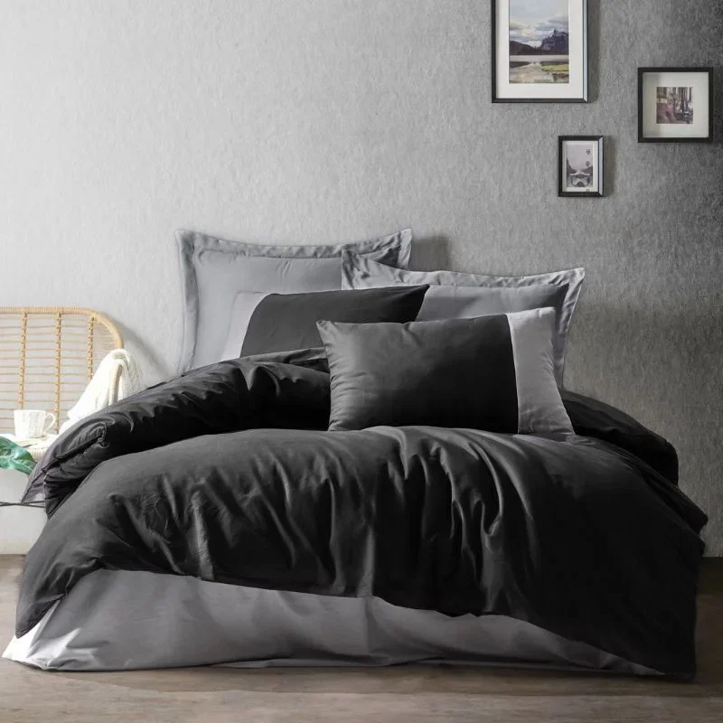 Cele mai noi - Set lenjerie pat dublu Plain - Negru si gri, bumbac, 200x220 cm