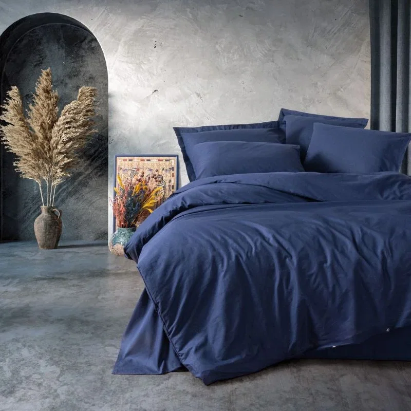 Cele mai noi - Set lenjerie pat o persoana Plain - Albastru inchis, bumbac, 160x220 cm