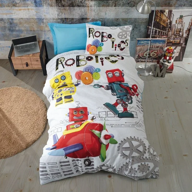 Cele mai noi - Set lenjerie pat o persoana Robot - Albastru, bumbac, 160x220 cm