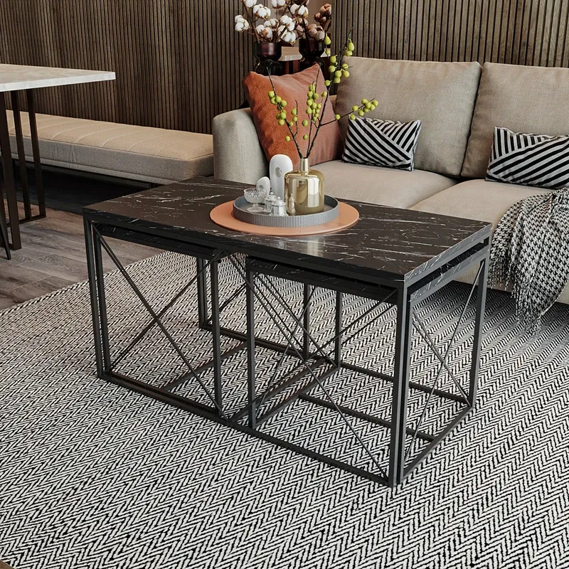 Set masute de cafea Defne neagra, marmura, cu design modern si picioare metalice [1]