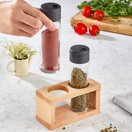 Cele mai noi - Set Recipiente Condimente din Sticla cu Suport din Lemn