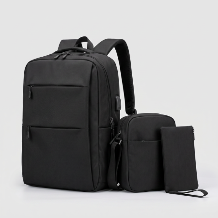 Set Rucsac calatorie si laptop cu USB, Geanta si Portofel Triple Power, Rucsac 41x29x13 cm, Bagaj de mana gratuit WizzAir/Ryanair, Ideal pentru City Break, Business si Scoala, Negru [1]