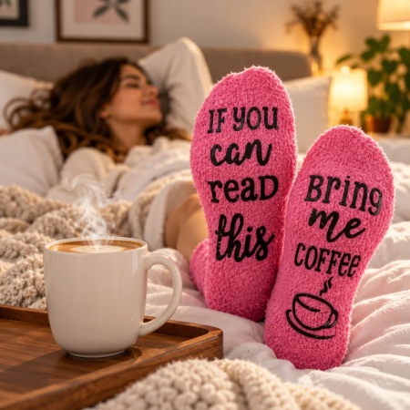 Cadouri Craciun Pentru Femei - Sosete amuzante Bring Me Coffee Briose roz, Marime 35-40