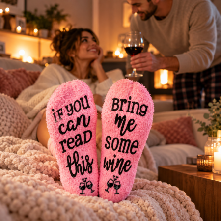 Cadouri pentru Iubita - Sosete amuzante Bring Me Wine Briose roz
