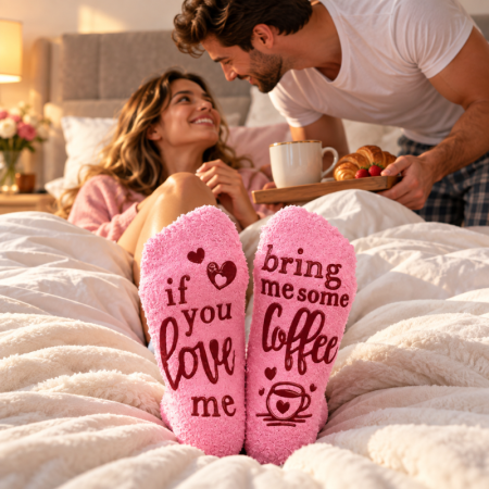 Cadouri pentru Iubita - Sosete amuzante If you love me Bring Me Coffee Briose roz