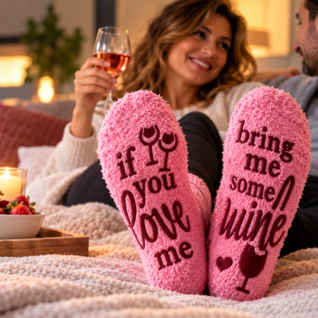 Cadouri pentru Iubita - Sosete amuzante If you love me Bring Me Wine Briose roz