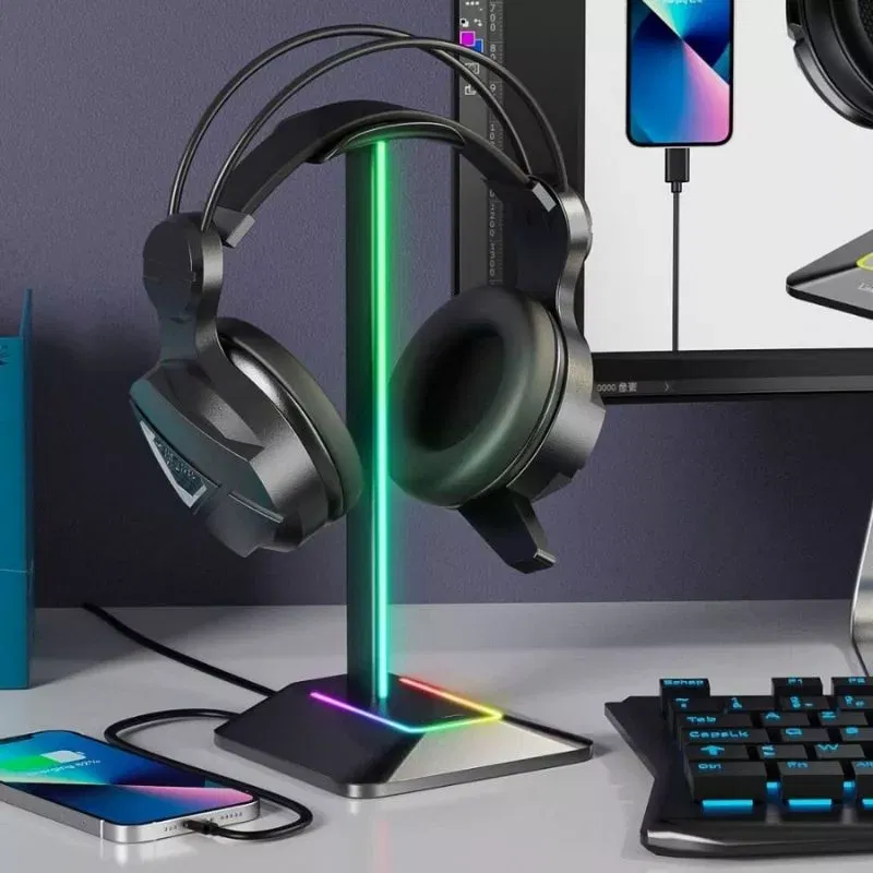 Suport de casti gaming cu RGB, 2xUSB si antiderapant, Disco-stand [3]