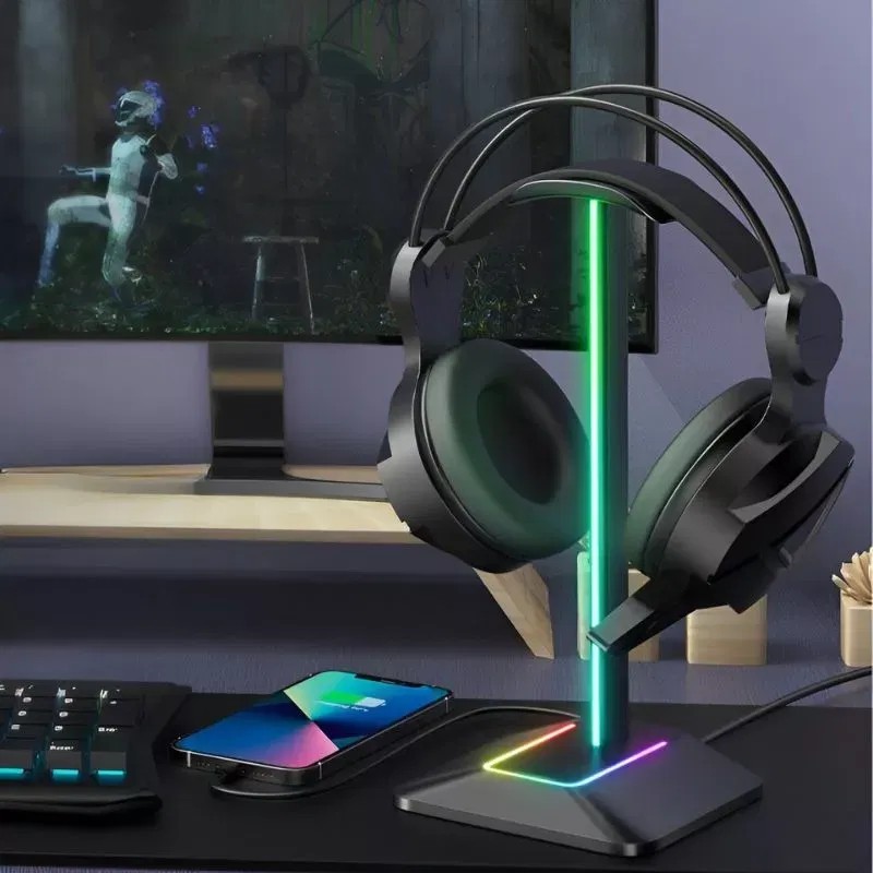 Suport de casti gaming cu RGB, 2xUSB si antiderapant, Disco-stand [4]