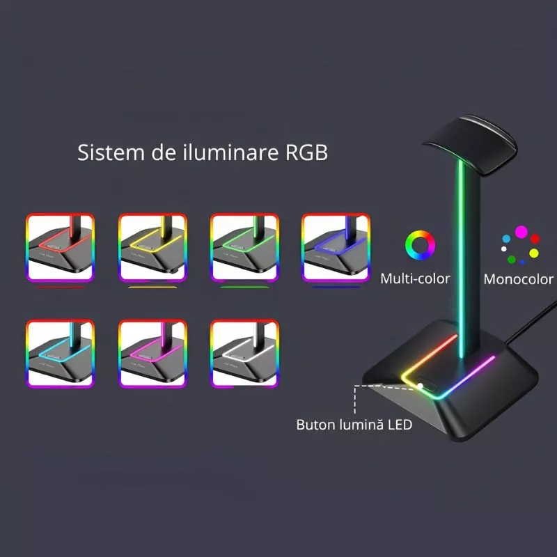 Suport de casti gaming cu RGB, 2xUSB si antiderapant, Disco-stand [10]