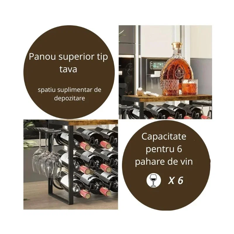 Suport vin pentru 12 sticle si 6 pahare, design vintage [5]