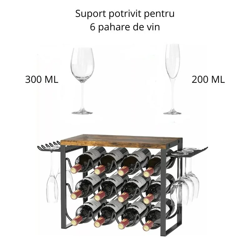 Suport vin pentru 12 sticle si 6 pahare, design vintage [7]