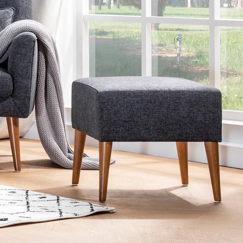 Taburet Zeni, gri inchis, tapitat, cu picioare din lemn, 50 cm [0]