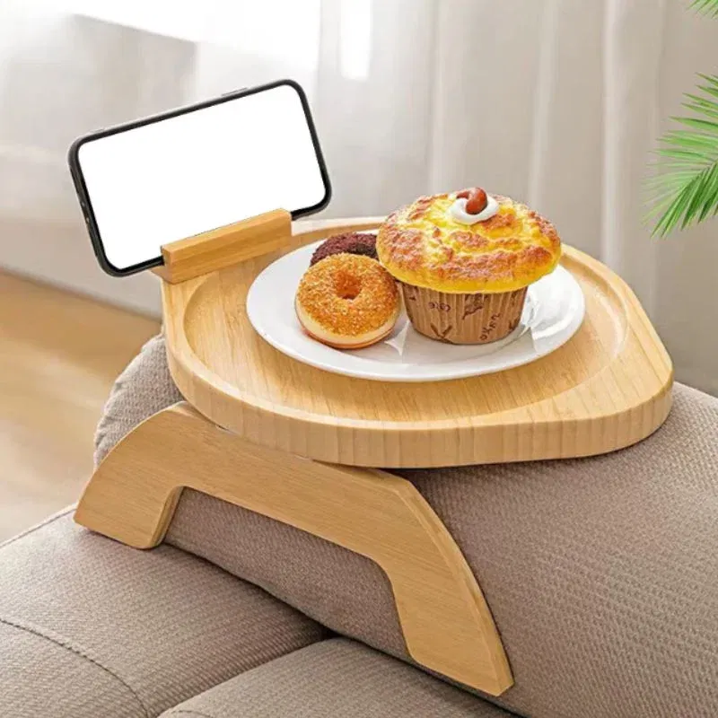 Tava de servire din lemn pentru brat canapea, cu suport telefon [3]