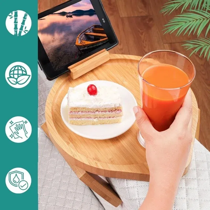 Tava de servire din lemn pentru brat canapea, cu suport telefon [6]