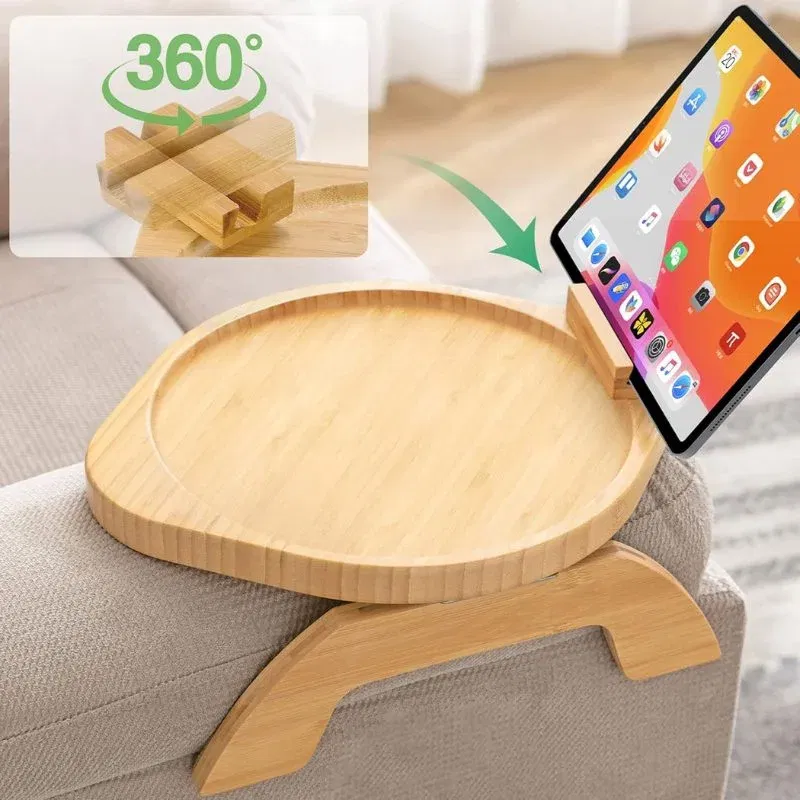 Tava de servire din lemn pentru brat canapea, cu suport telefon [1]