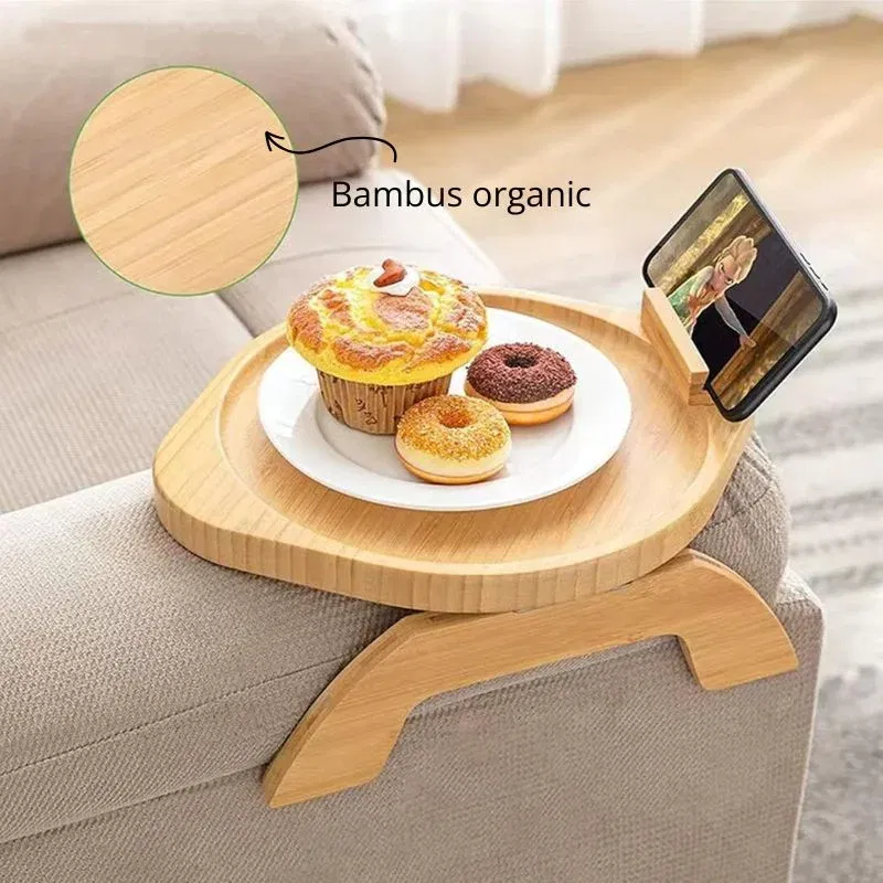 Tava de servire din lemn pentru brat canapea, cu suport telefon [5]