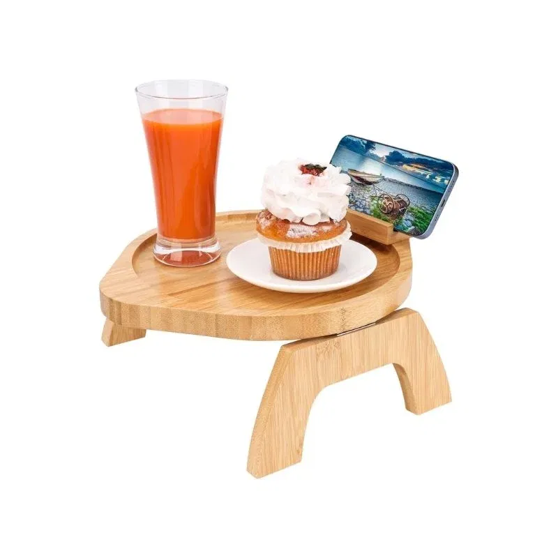 Tava de servire din lemn pentru brat canapea, cu suport telefon [4]