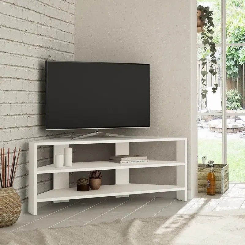 Thales Corner comoda TV alba, design modern, multiple rafturi [0]