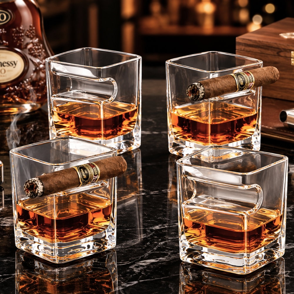 Set 4 pahare whiskey cu Suport Trabuc