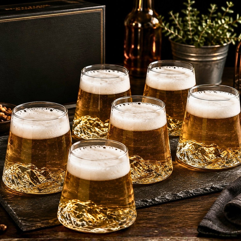 Set 6 pahare de bere cu munte, din sticla borosilicata 250ml, Varful Berarilor