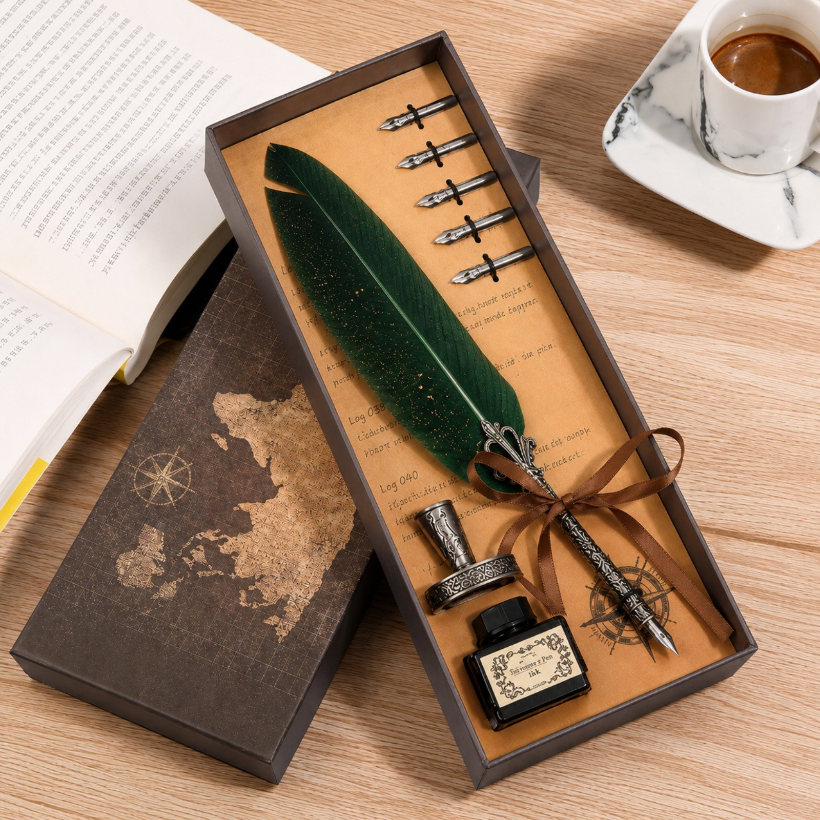 Set cadou Caligrafie Vintage cu Pana verde si Cerneala si Accesorii, 7 piese