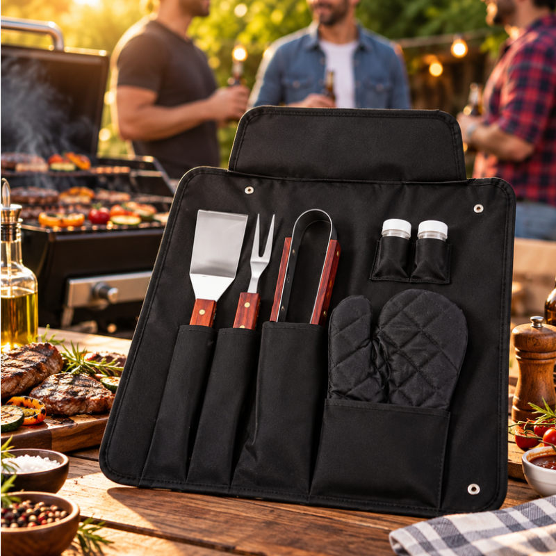 Set ustensile gratar BBQ 7 piese cu husa textila