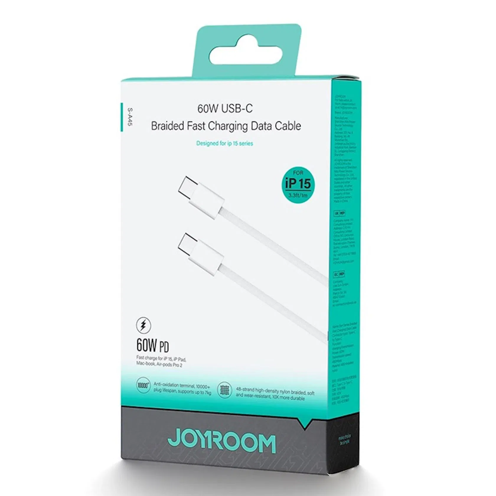 Cablu date Type C la Type C 3A, USB-C la USB-C, 60 W, împletit, 1m (alb) Joyroom [2]