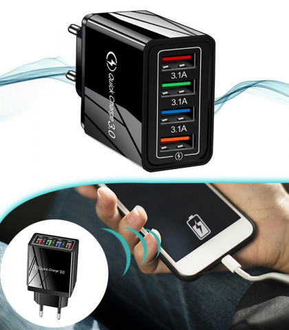 Pentru Telefoane Samsung - Incarcator retea 4 x usb, QUALCOMM QUICK CHARGER 3.0 BLACK