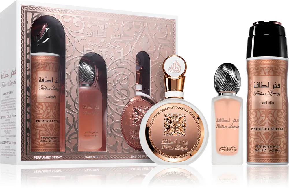 Parfumuri femei - Set Cadou Fakhar Woman, Lattafa, apa de parfum 100 ml + parfum pentru par 50 ml + deo spray 200 ml, femei