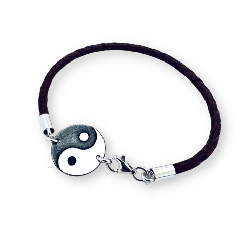 Cadouri personalizate iubita / sotie - Bratara personalizata argint, snur piele simbol Ying & Yang