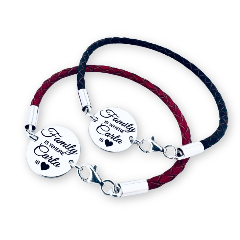 Cadouri personalizate iubita / sotie - Set bratari din argint, personalizate, snur impletit piele - Family