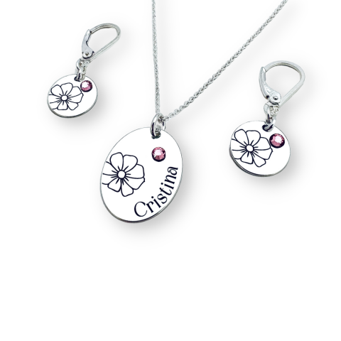 Cadouri personalizate iubita / sotie - Set Lantisor pandantiv oval personalizat si cercei argint - Nume, Floare si Cristal 