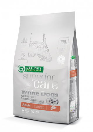 Hrana Uscata Caini - NATURES PROTECTION Superior Care White Dogs Small&Mini Grain Free, Somon, ajuta la eliminarea lacrimarii excesive si reducerea petelor maronii de la ochi, 1.5kg