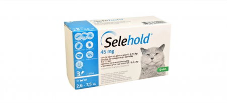 Deparazitare externa - Selehold Cat 45 mg antiparazitar extern si intern pisici talie medie (2.6 - 7.5 kg), 3 pipete