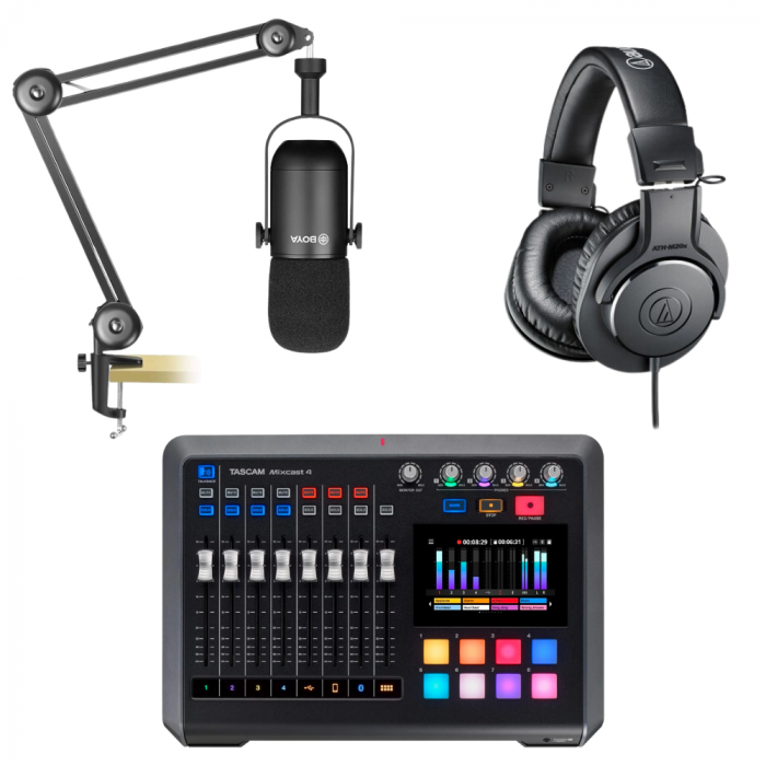 Kit Podcast Tascam Mixcast 4 cu microfon Boya BY-DM500 si accesorii [1]