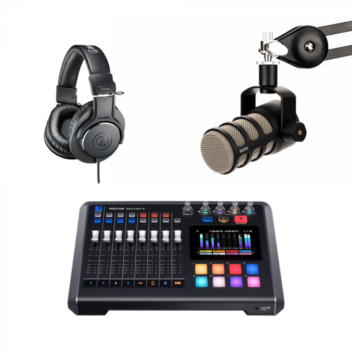 Kit Tascam Mixcast 4 Mixer Podcast cu PodMic, Casti ATH-M20X + cablu XLR si brat [1]