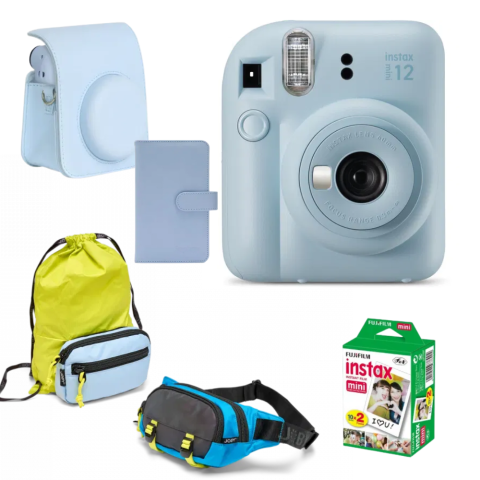 Aparate Foto - FujiFilm Instax Mini 12 Aparat foto instant albastru cu husa, hartii, album si geanta 3n1