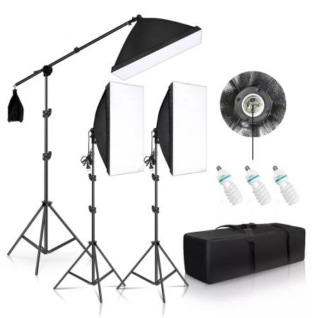 Lumini foto-video - Kit 3 lumini foto-video cu 3 x 135W 5500K cu softbox, stative si husa