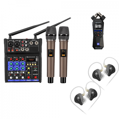 Microfoane - Kit Live cu 2 microfoane wireless cu receiver, + 2 casti audio de monitorizare in-ear + x1 recorder audio