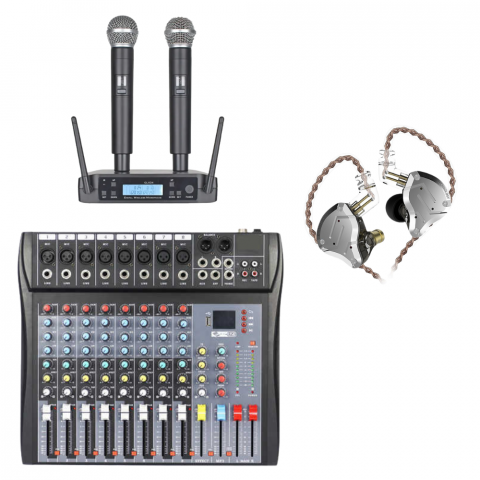 Microfoane - Kit Live III Mixer audio 8 canale + Set microfon wireless dual + Casti monitorizare in-ear
