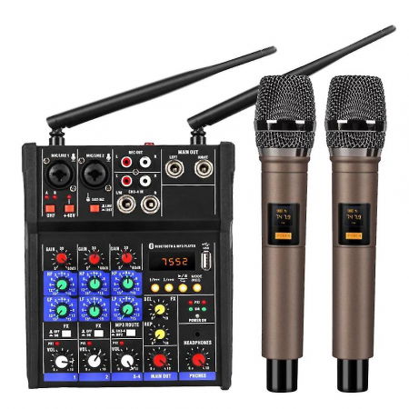 Interfete/mixere audio - Mixer Audio cu 4 Canale + 2 Microfoane wireless