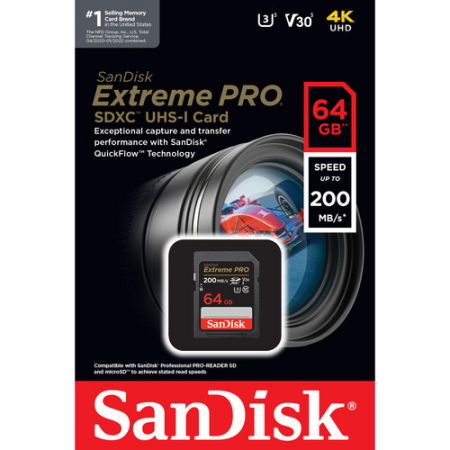 SanDisk Extreme PRO Card de Memorie SD 64GB SDXC UHS-I Class 10 U3 V30 + 2 Ani RescuePRO Deluxe [1]