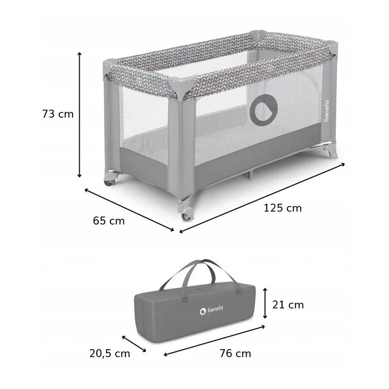 Lionelo - Patut pliant cu un nivel Stefi, Cu intrare laterala cu fermoar, 2 roti, 120x60 cm, Conform cu standardul [4]