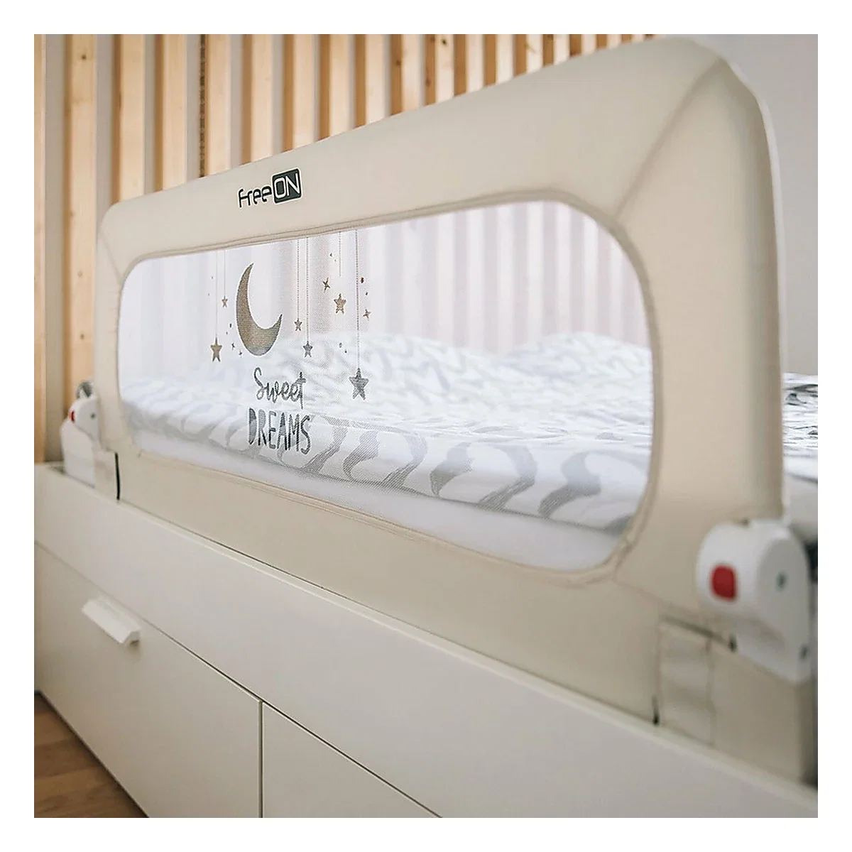 Bariera de protectie pentru pat bebe, Rabatabila, 135 x 57 cm, FreeON, Sweet Dreams, Light Beige 60 luni [4]